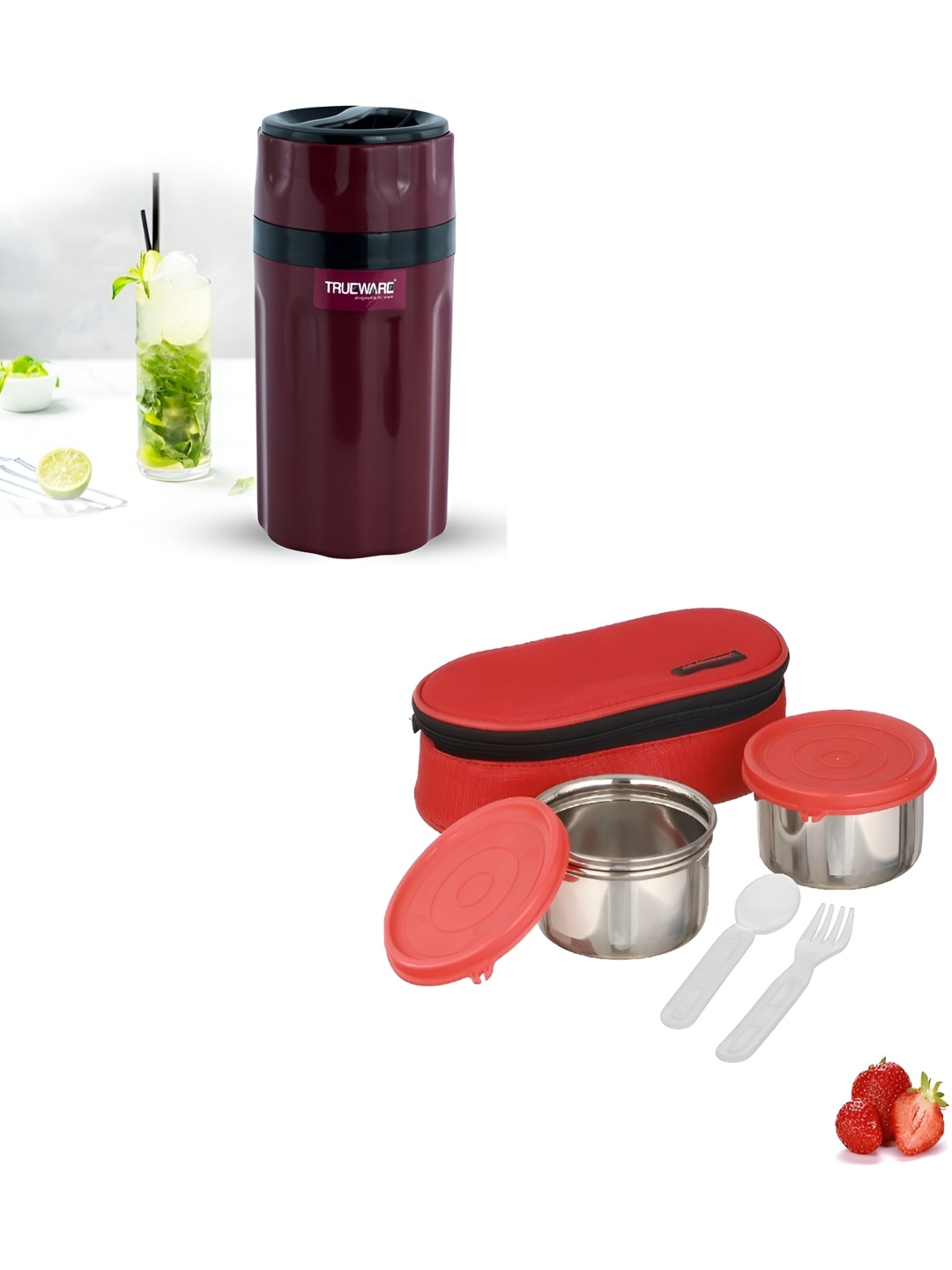

Trueware Red 2 Pieces Stainless Steel Dishwasher Safe Lunch Box 600 ml