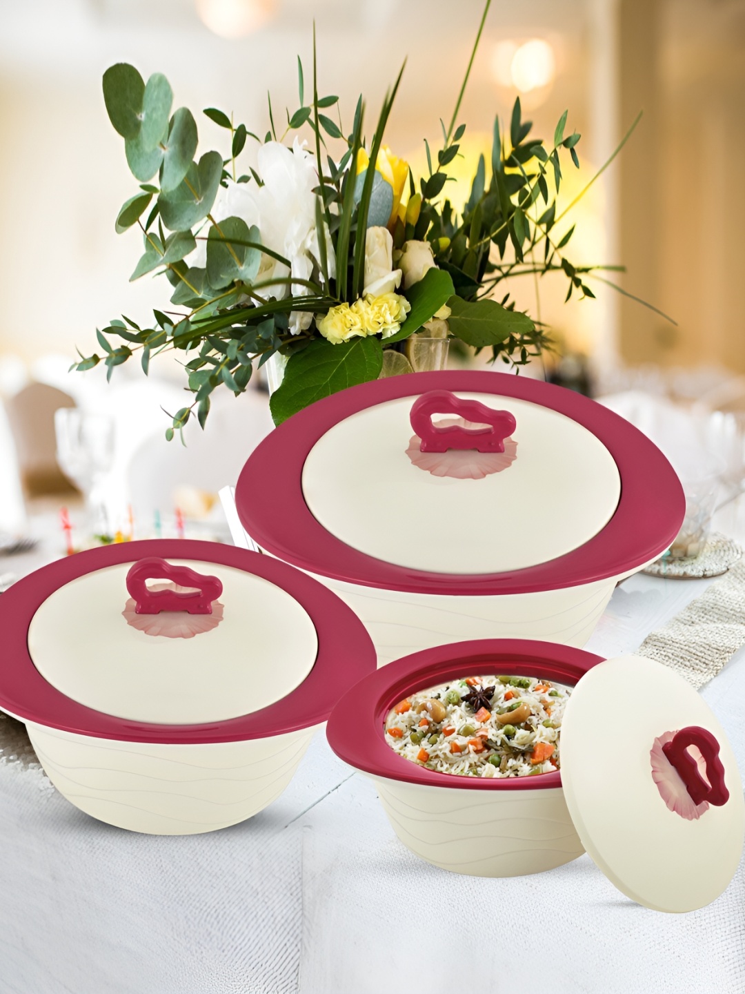

Trueware Red & White 3 Pieces Stainless Steel Dishwasher Safe Food Casserole 450 ml