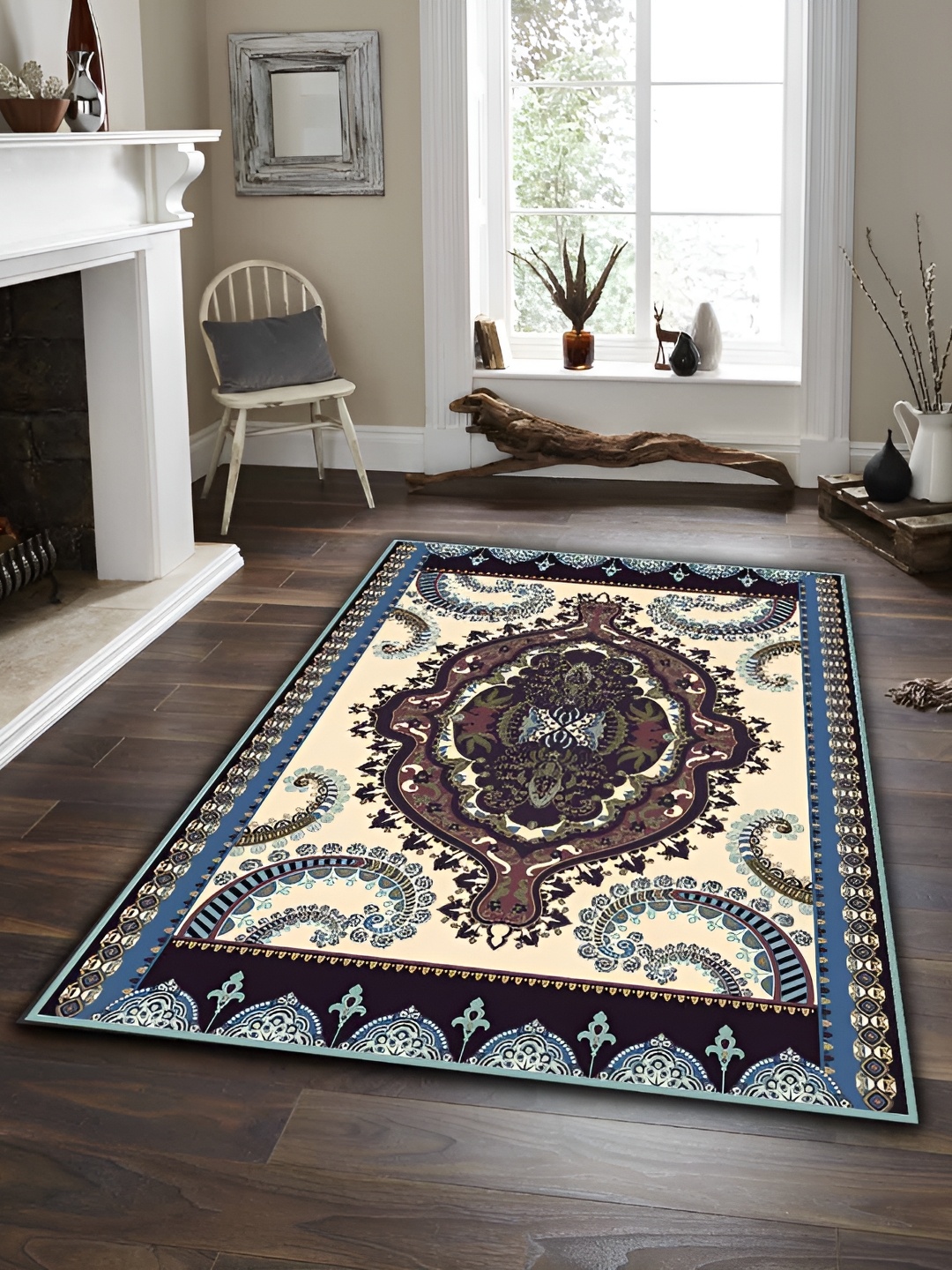 

Sparrow world Blue & Cream Bohemian Printed Anti Skid Rectangle Carpet