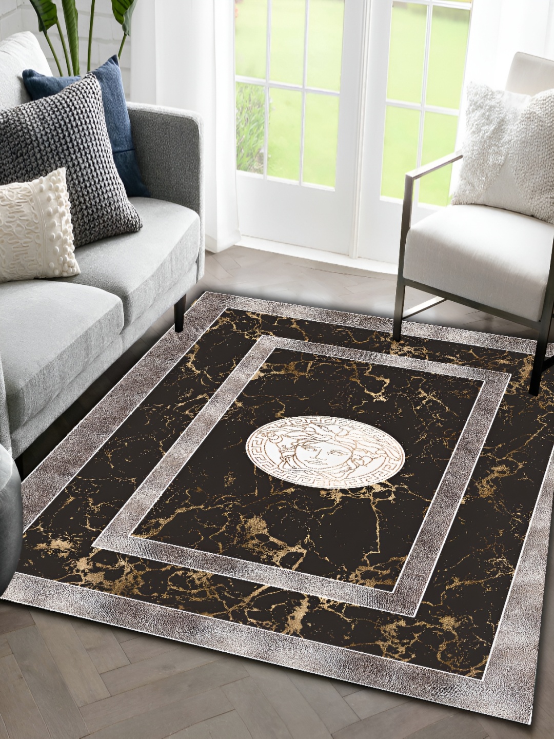 

Sparrow world Coffee Brown & Gold Toned Bohemian Printed Anti Skid Rectangle Carpet