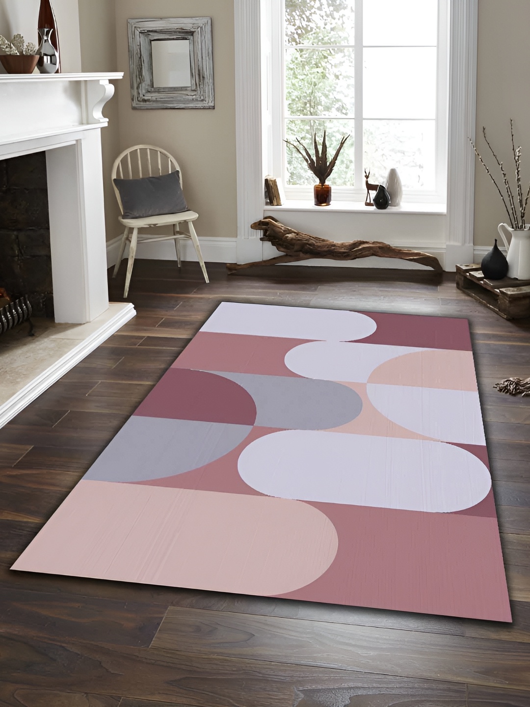 

Sparrow world Peach & Grey Geometric Printed Anti Skid Rectangle Carpet