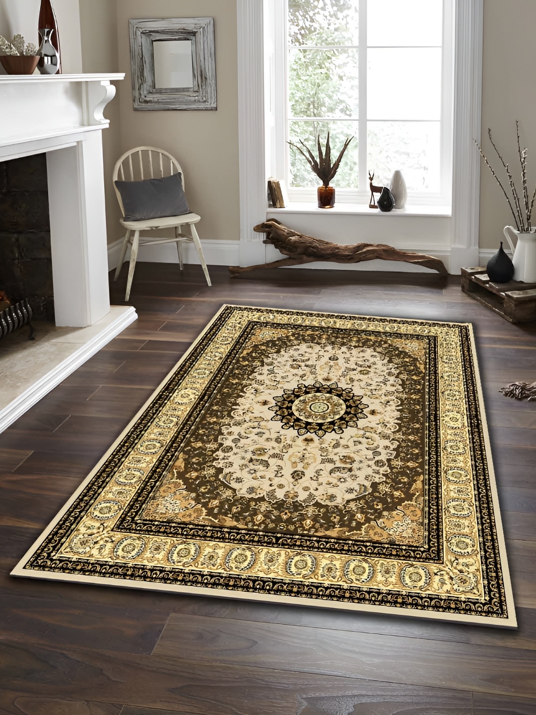 

Sparrow world Beige & Yellow Bohemian Printed Anti Skid Rectangle Carpet