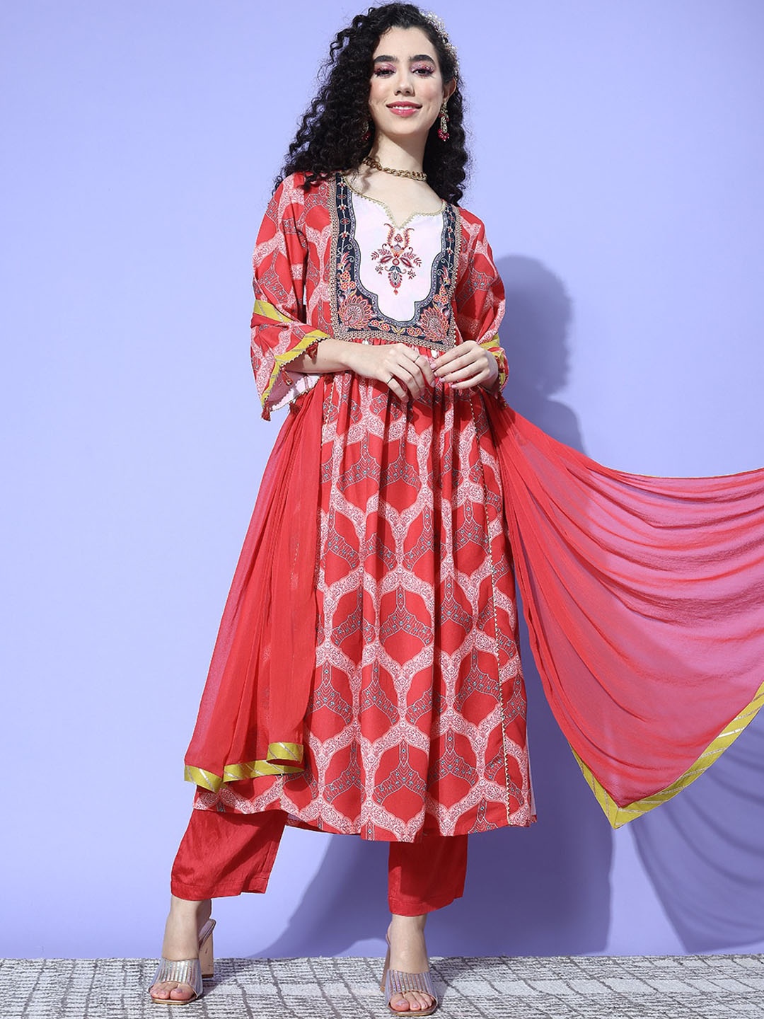 

Mitera Ethnic Motifs Printed Empire Gotta Patti Anarkali Kurta with Trousers & Dupatta, Red