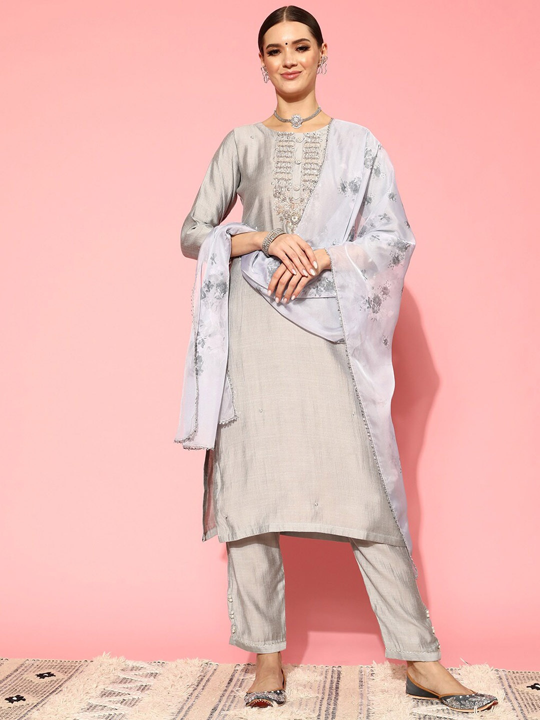 

Mitera Ethnic Motifs Embroidered Regular Beads & Stones Kurta With Trousers & Dupatta, Grey