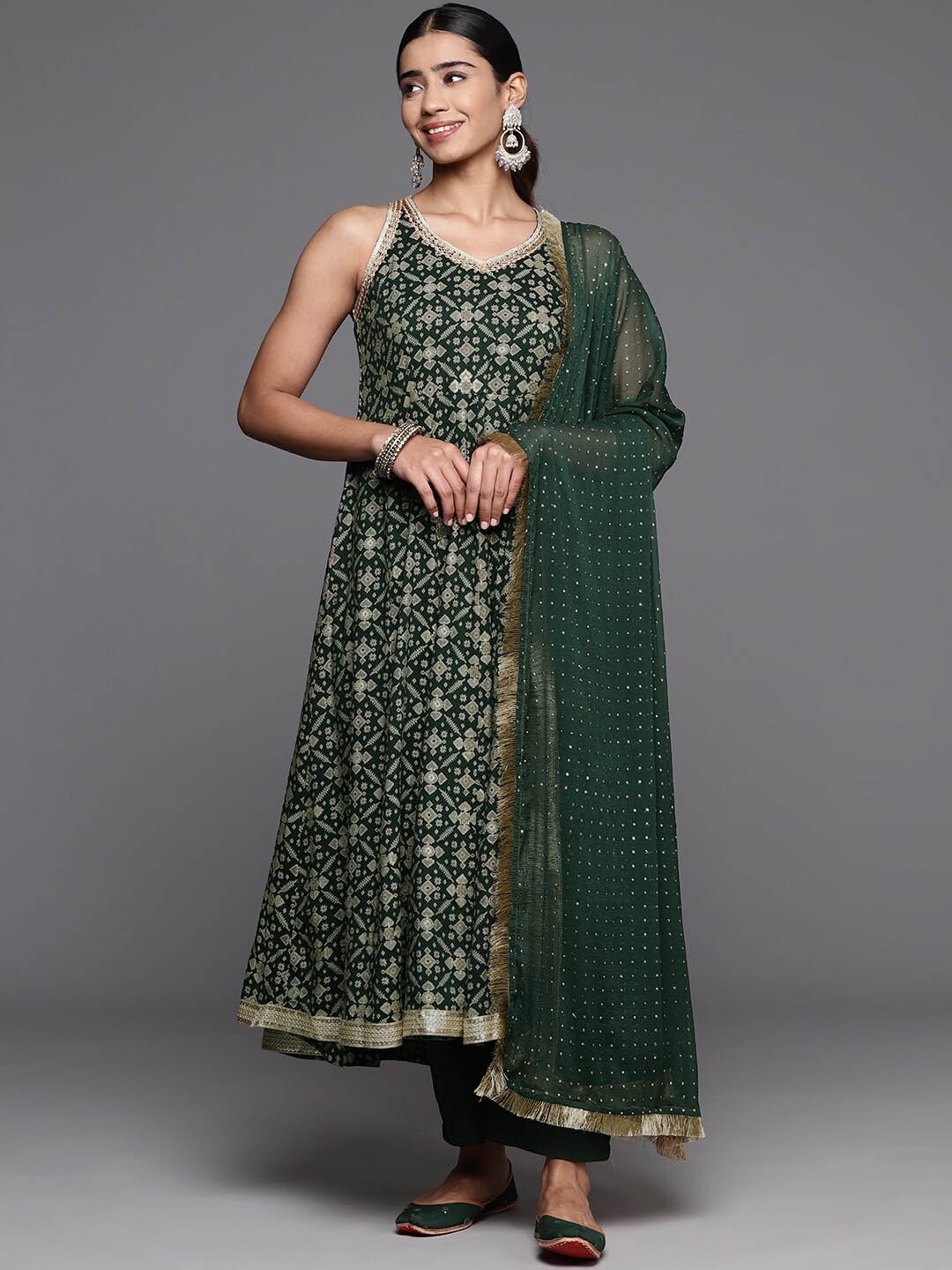 

Mitera Ethnic Motifs Printed Empire Sequinned Anarkali Kurta With Trousers & Dupatta, Green