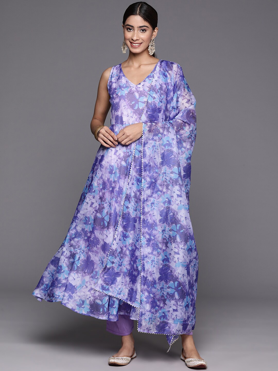 

Mitera Floral Printed Empire Gotta Patti Anarkali Kurta With Trousers & Dupatta, Blue