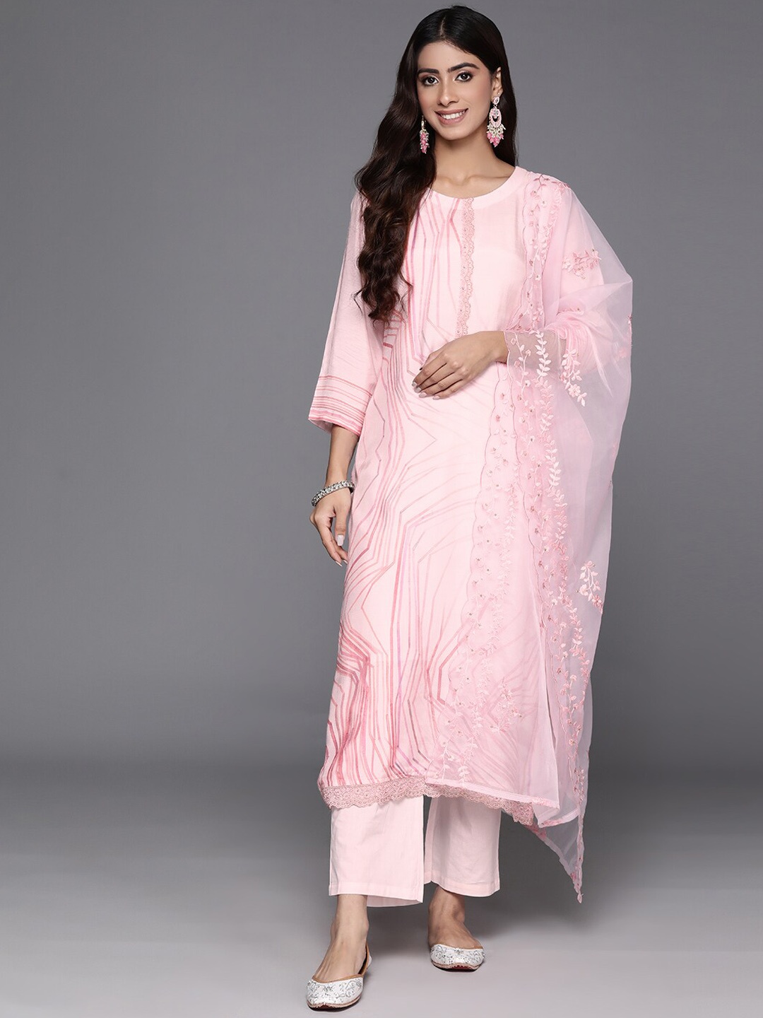 

Mitera Abstract Printed Thread Work Pure Silk Straight Kurta With Trousers & Dupatta, Pink