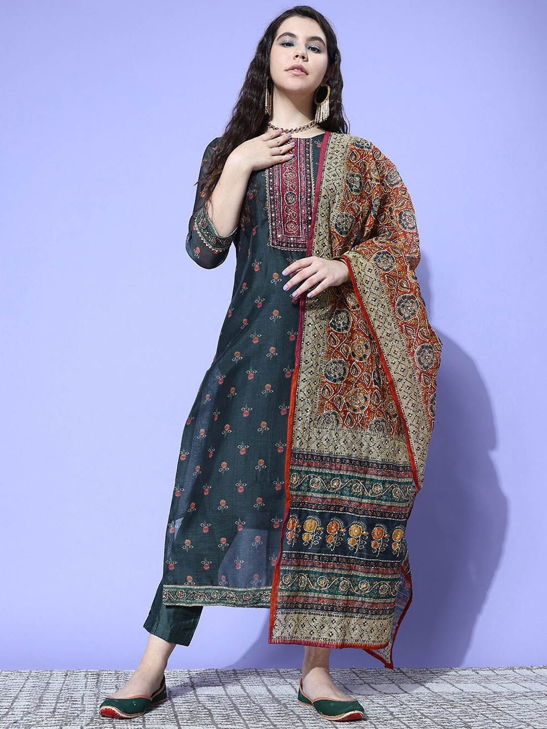 

Mitera Ethnic Motifs Printed Regular Thread Work Straight Kurta With Trousers & Dupatta, Blue