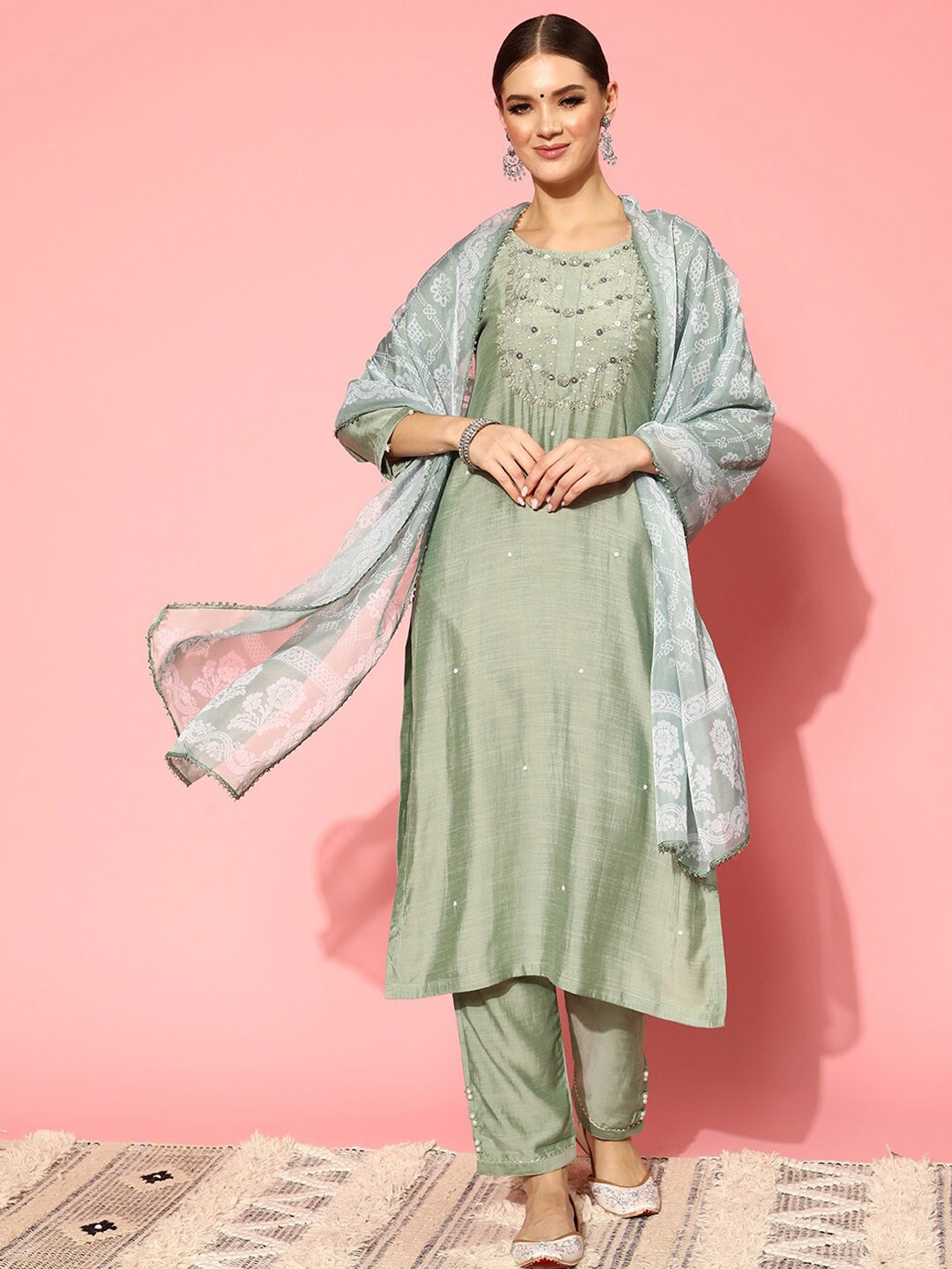 

Mitera Ethnic Motifs Yoke Design Regular Beads & Stones Kurta With Trousers & Dupatta, Sea green