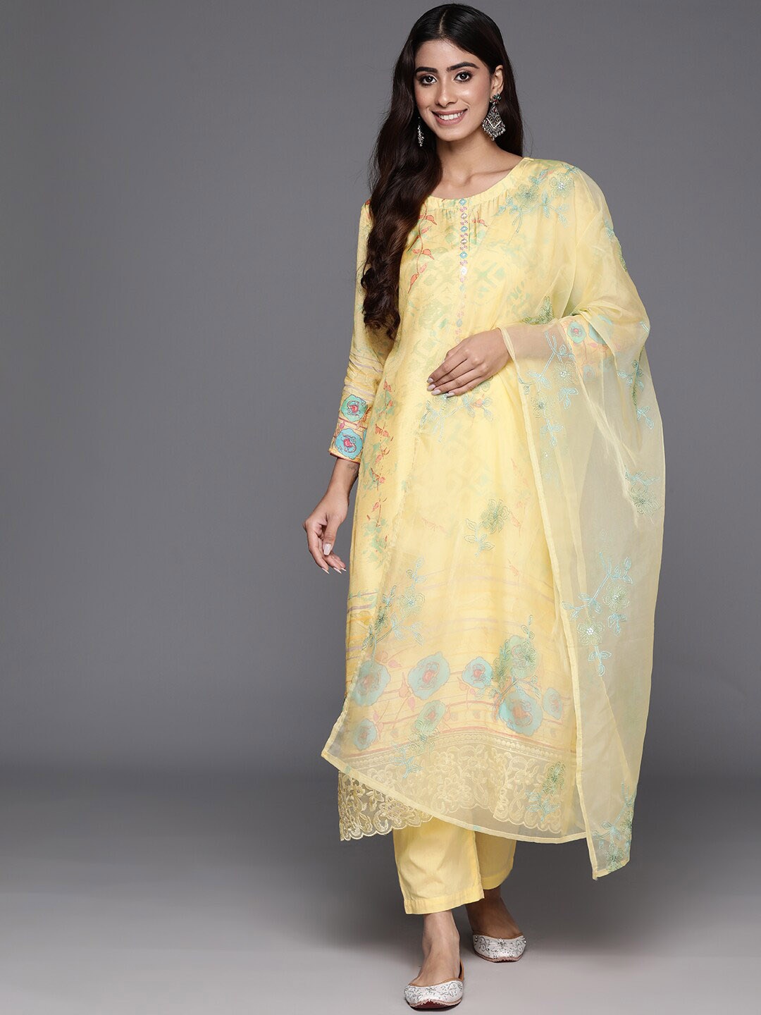 

Mitera Round Neck Printed Regular Thread Work Kurta with Trousers & Dupatta, Yellow