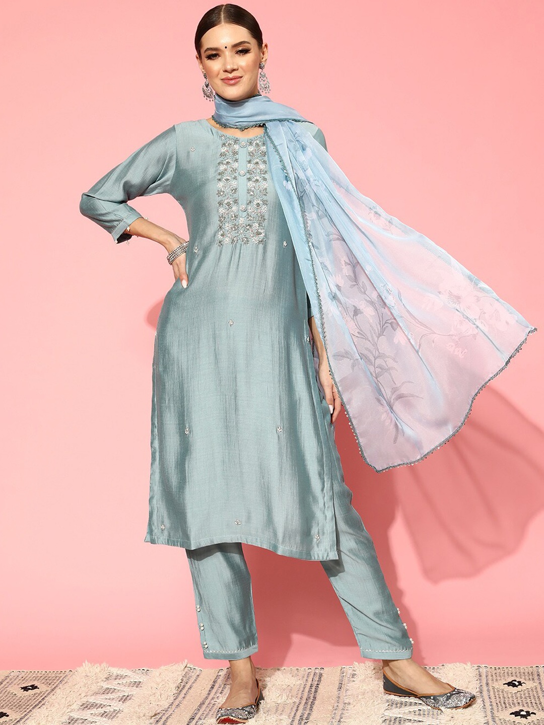 

Mitera Ethnic Motifs Embroidered Regular Beads and Stones Kurta with Trousers & Dupatta, Blue