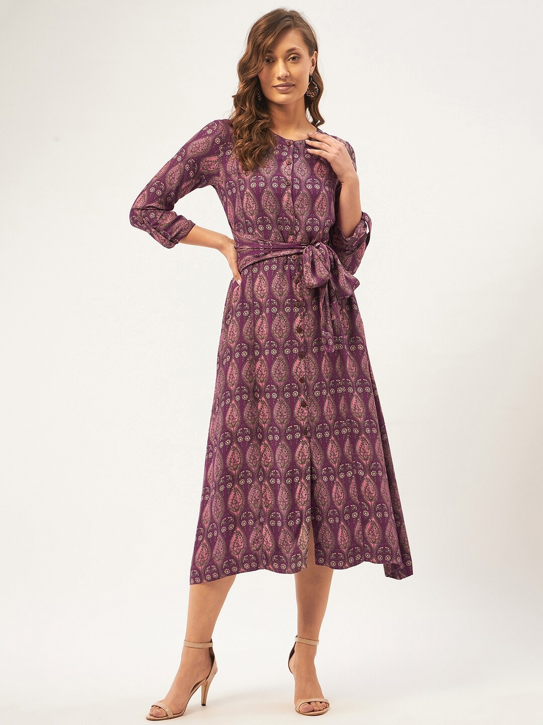 

STADO Ethnic Motifs Print Cotton Fit & Flare Midi Dress, Purple