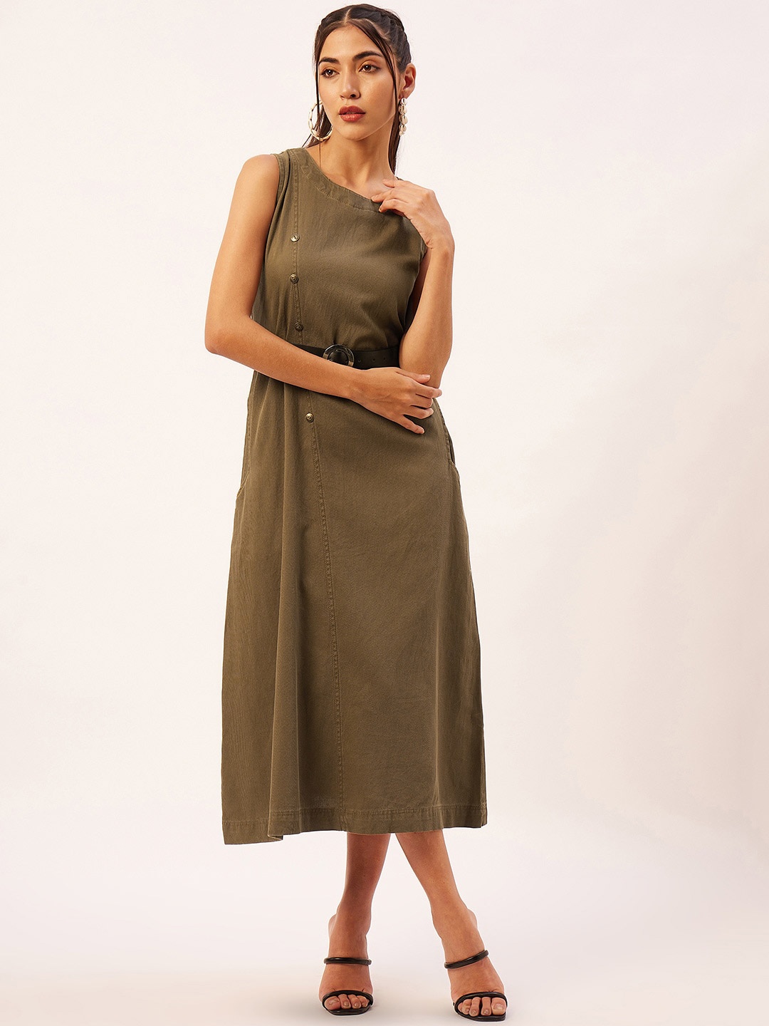 

STADO Round Neck Sleeveless Cotton A-Line Midi Dress, Green