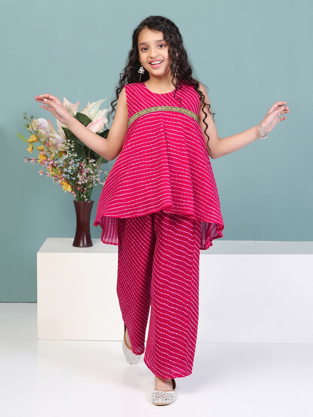 

FASHION DREAM Girls Leheriya Printed Flared Georgette Anarkali Kurti With Palazzo, Pink