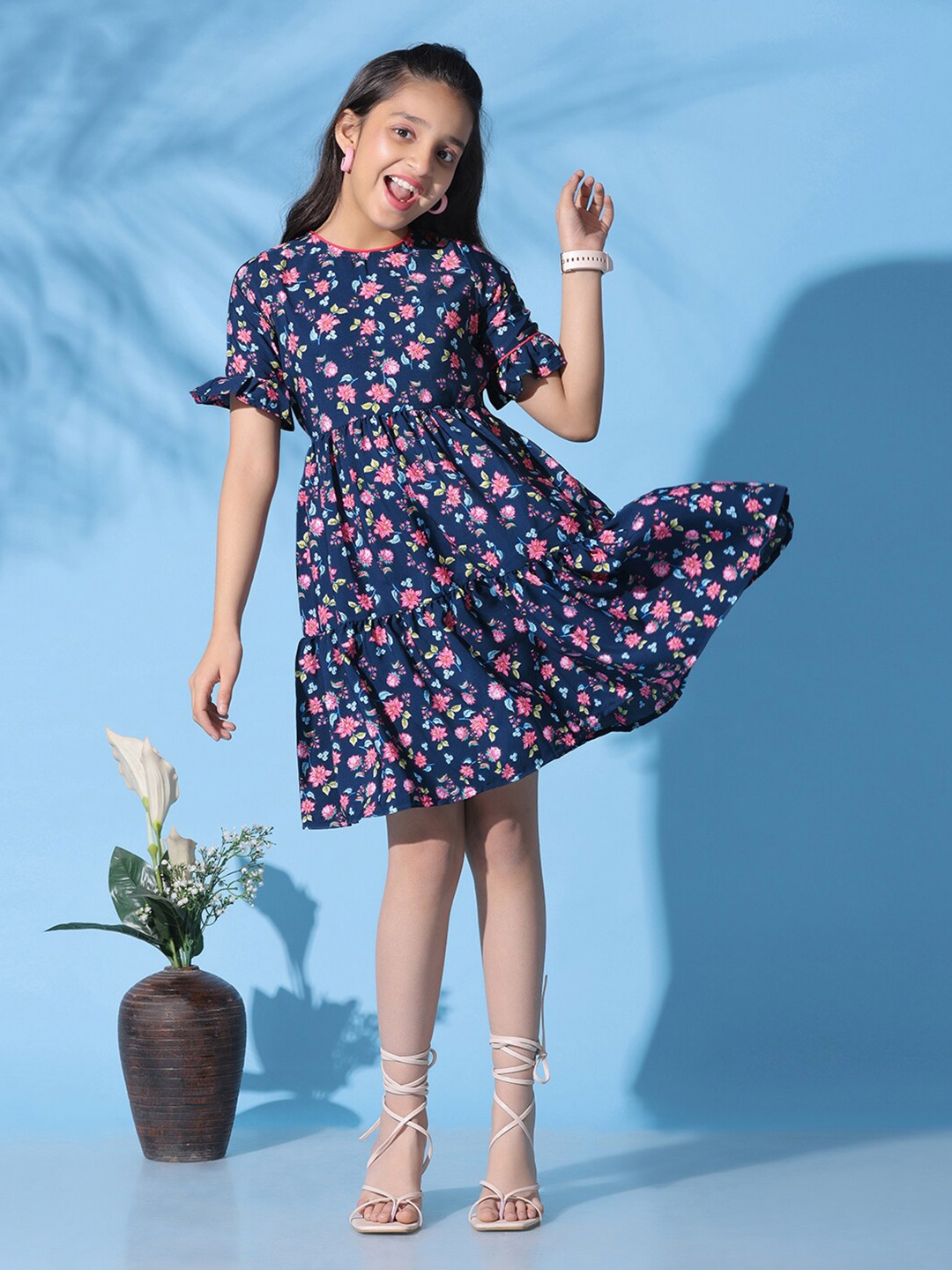 

FASHION DREAM Girls Floral Printed Bell Sleeves Crepe Fit & Flare Dress, Blue