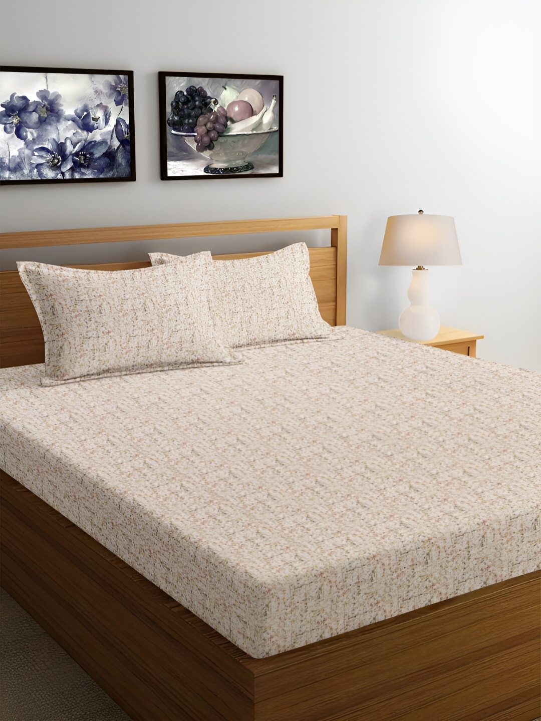 

Srijee Decors Beige Printed Cotton 300 TC King Bedsheet With 2 Pillow Covers