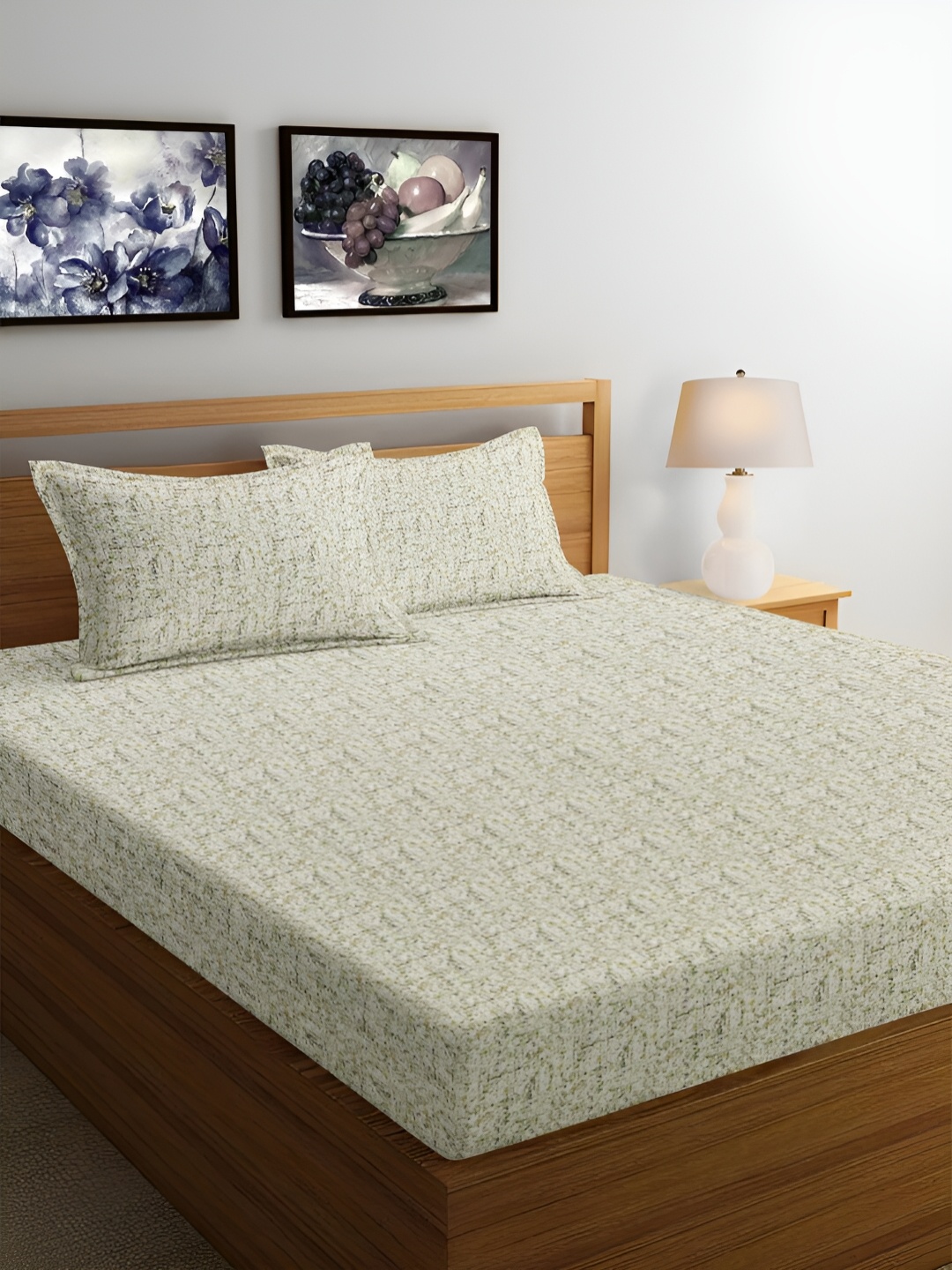 Srijee Decors Beige & Green Printed Cotton 300 TC King Bedsheet With 2 Pillow Covers