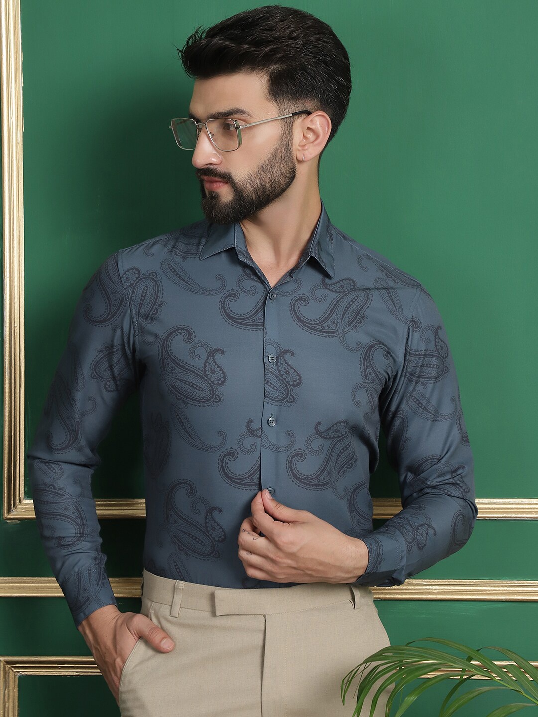 

Indian Needle Spread Collar Long Sleeves Classic Ethnic Print Regular Fit Formal Shirt, Grey