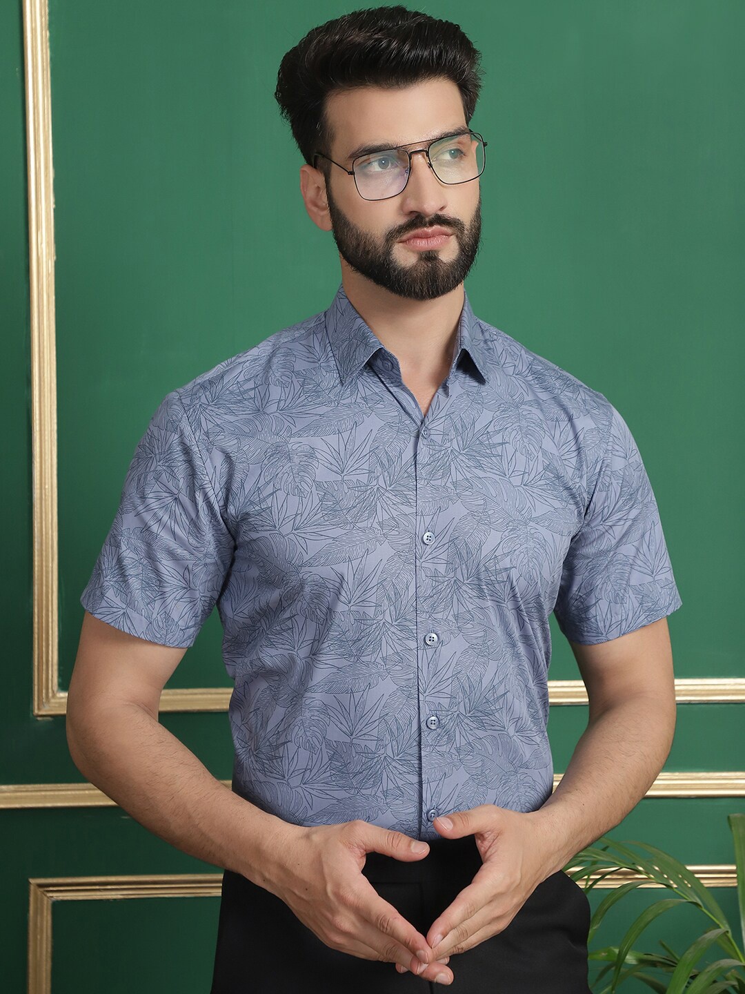 Indian Needle Classic Floral Opaque Printed Cotton Formal Shirt, Grey