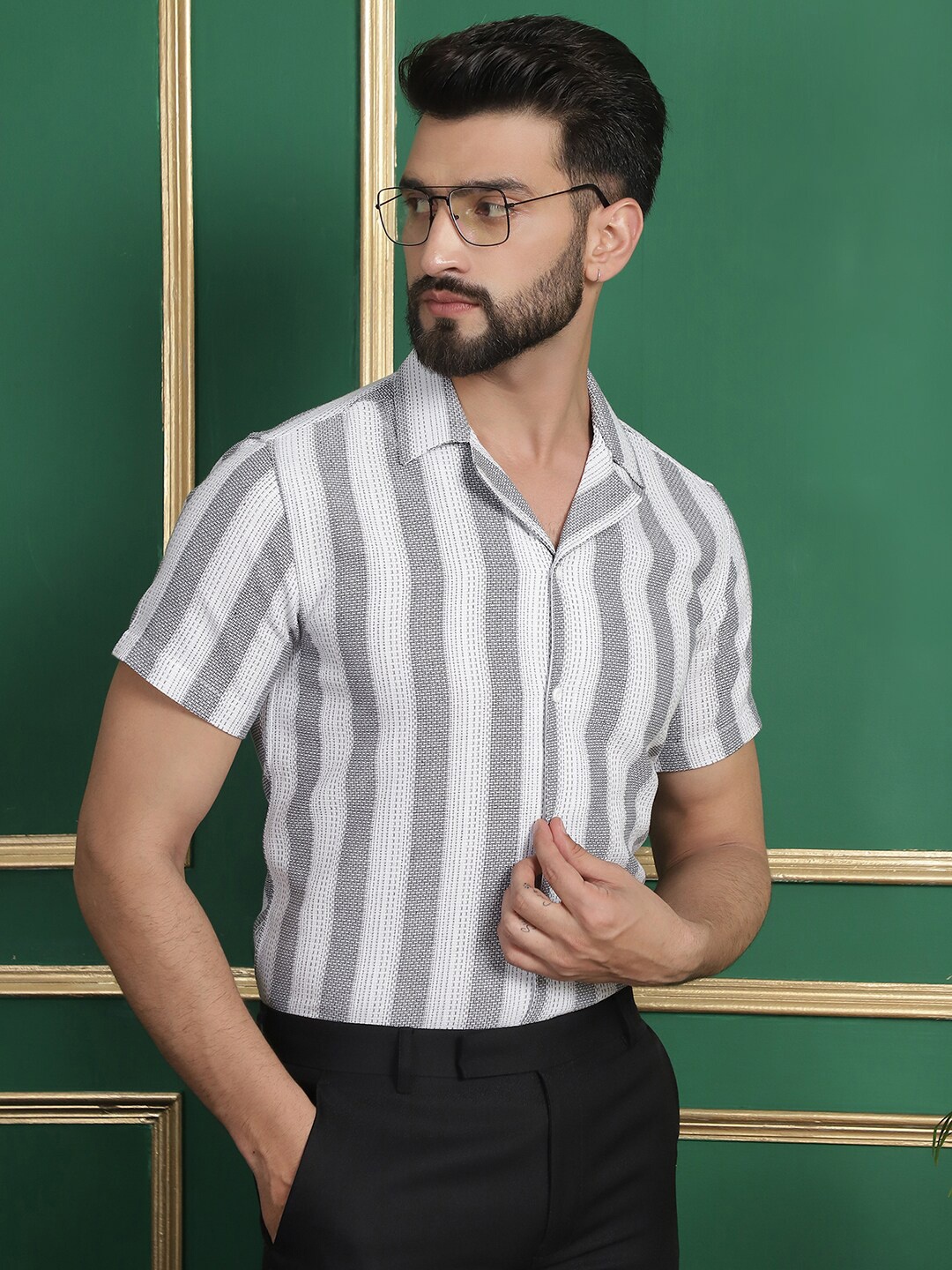 

Indian Needle Classic Opaque Striped Cotton Wrinkle Free Formal Shirt, Off white