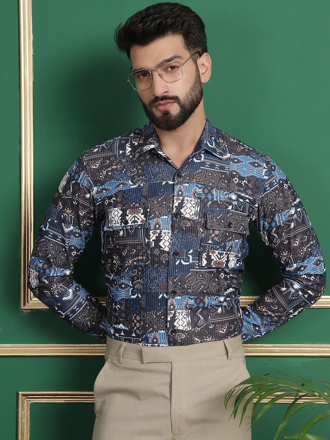 

Indian Needle Classic Floral Opaque Printed Cotton Formal Shirt, Navy blue