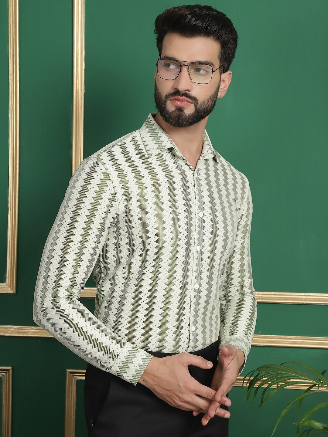 

Indian Needle Classic Opaque Striped Cotton Wrinkle Free Formal Shirt, Green