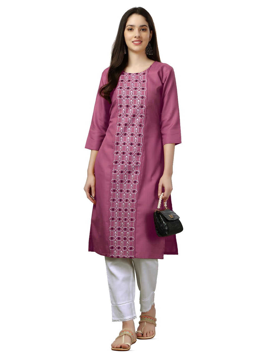 

WILNERCROWN Embroidered Round Neck Pure Cotton Straight Kurta, Magenta
