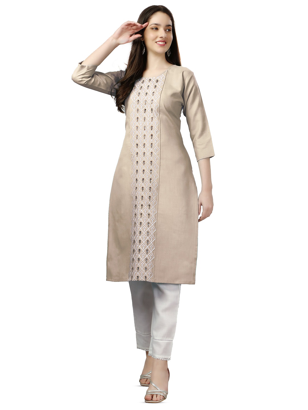 

WILNERCROWN Ethnic Motifs Embroidered Sequinned Pure Cotton Kurta, Beige