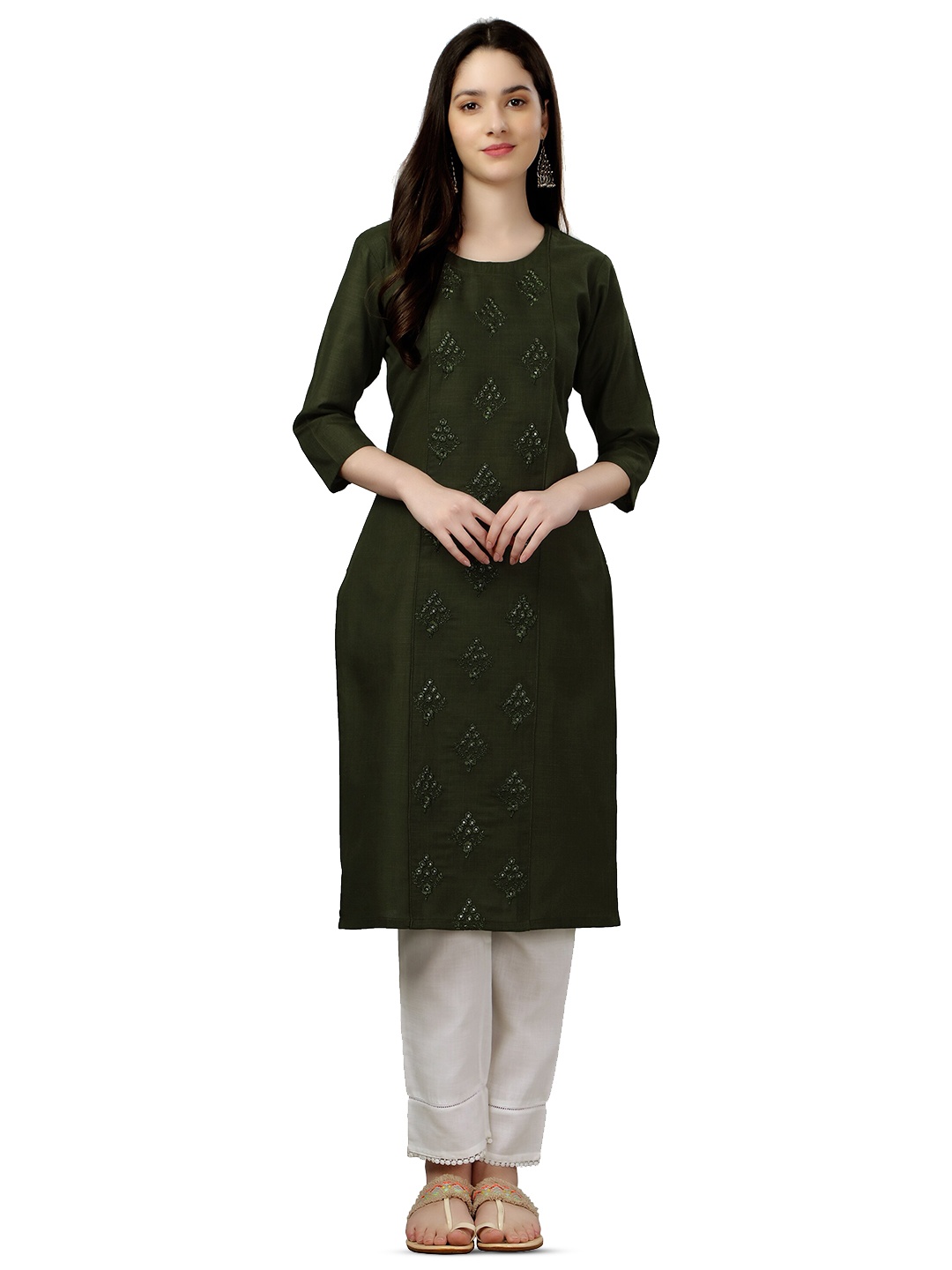 

WILNERCROWN Ethnic Motifs Embroidered Sequinned Pure Cotton Sequinned Kurti, Olive