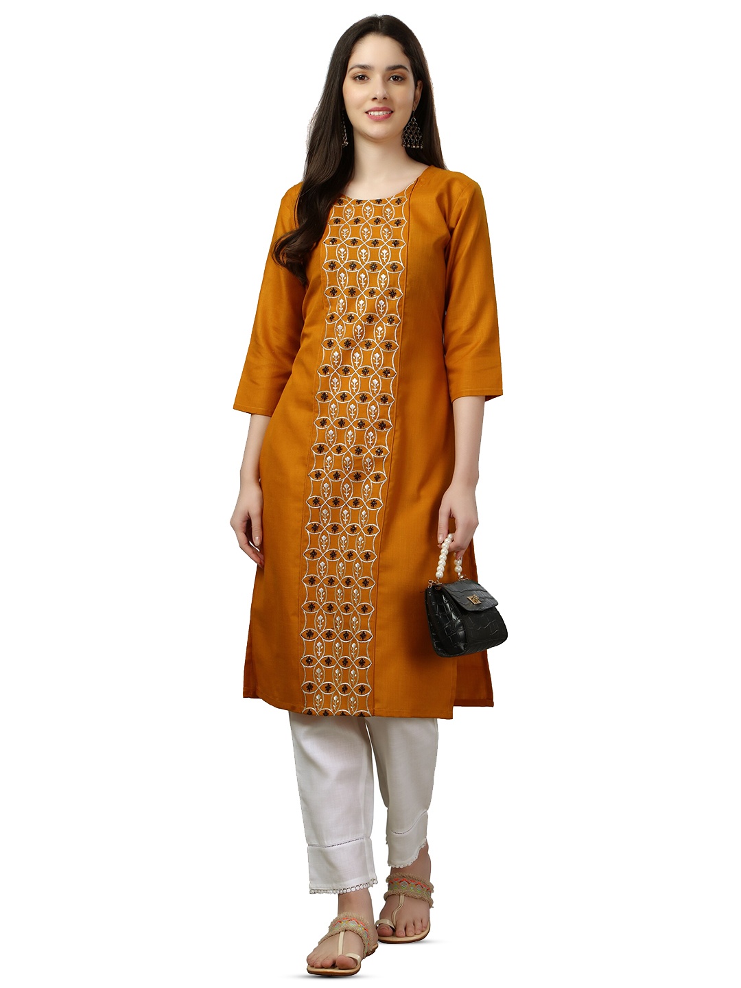 

WILNERCROWN Floral Embroidered Straight Pure Cotton Kurta, Mustard