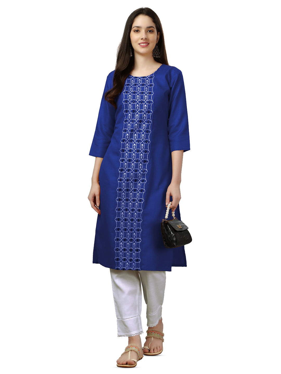 

WILNERCROWN Floral Embroidered Pure Cotton Straight Kurta, Blue