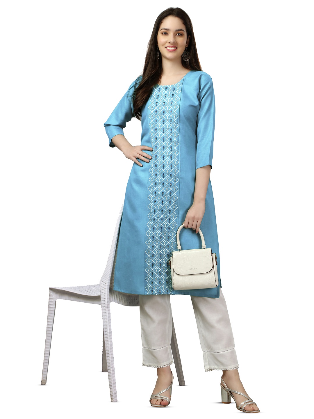 

WILNERCROWN Floral Embroidered Pure Cotton Straight Kurta, Turquoise blue