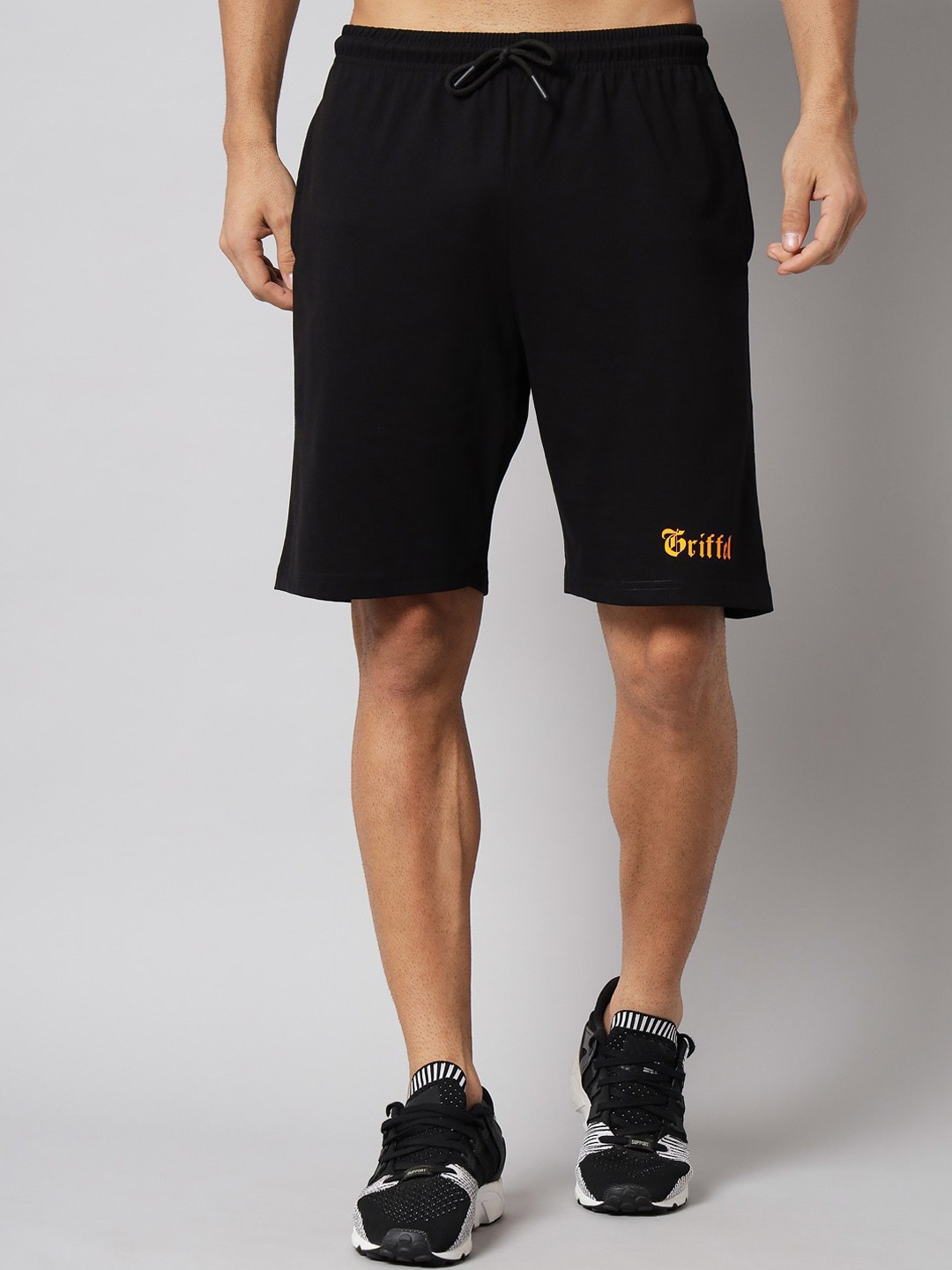 

GRIFFEL Men High-Rise Cotton Sports Shorts, Black