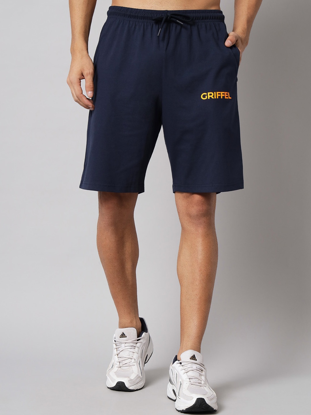 GRIFFEL Men High-Rise Cotton Shorts, Navy blue
