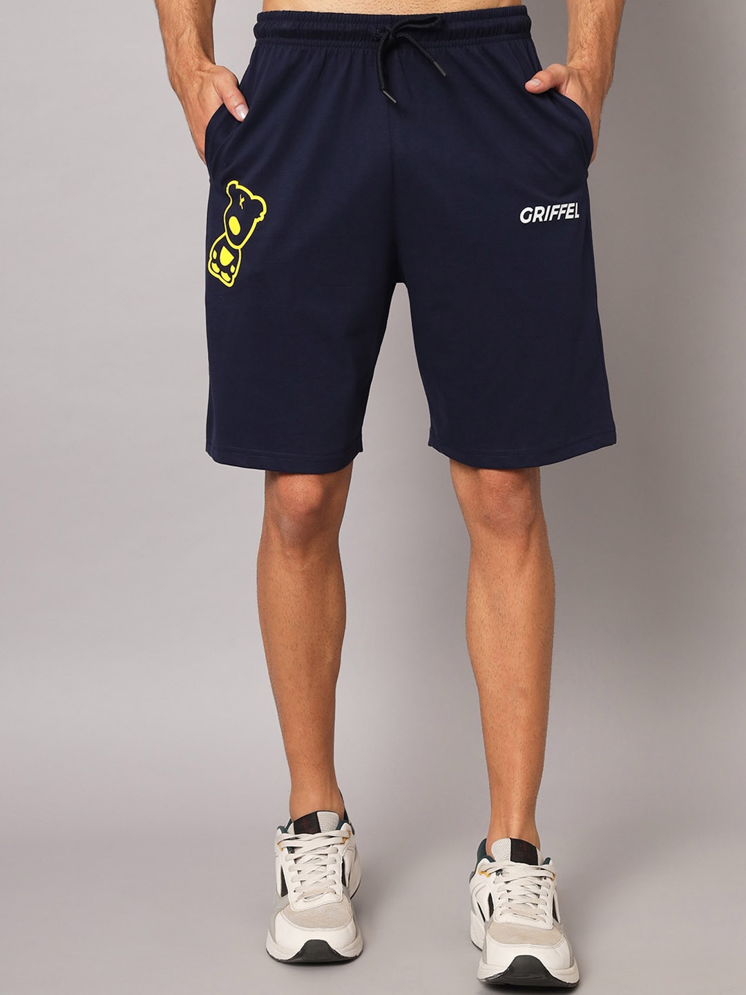 

GRIFFEL Men Printed High-Rise Cotton Shorts, Navy blue