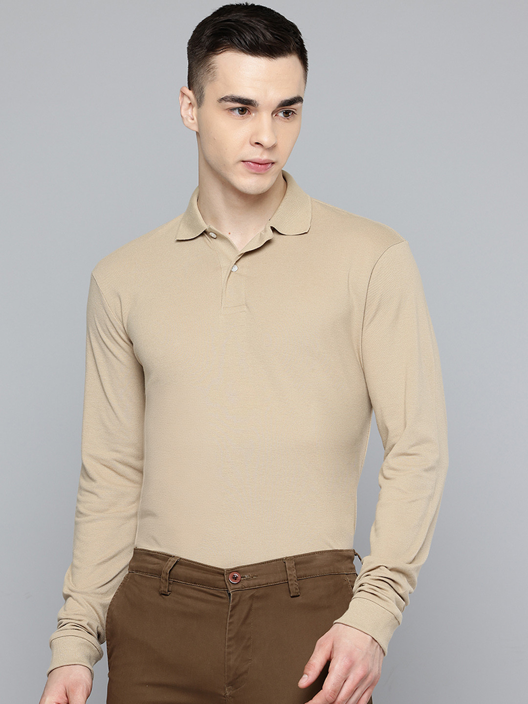 

Inesis By Decathlon Men Beige Long Sleeve Cotton Polo Collar T-Shirt
