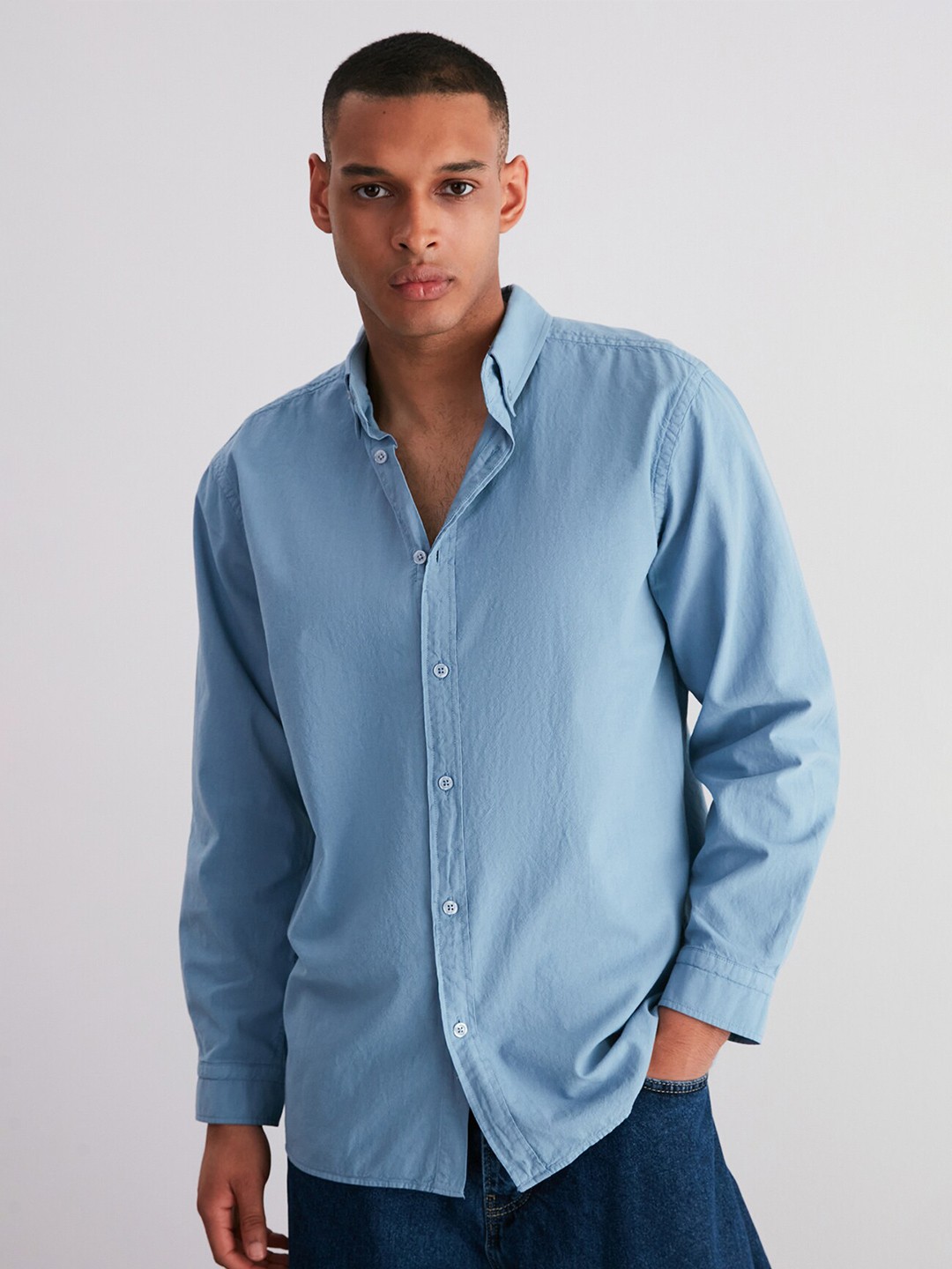 

Trendyol Unisex Spread Collar Pure Cotton Casual Shirt, Blue