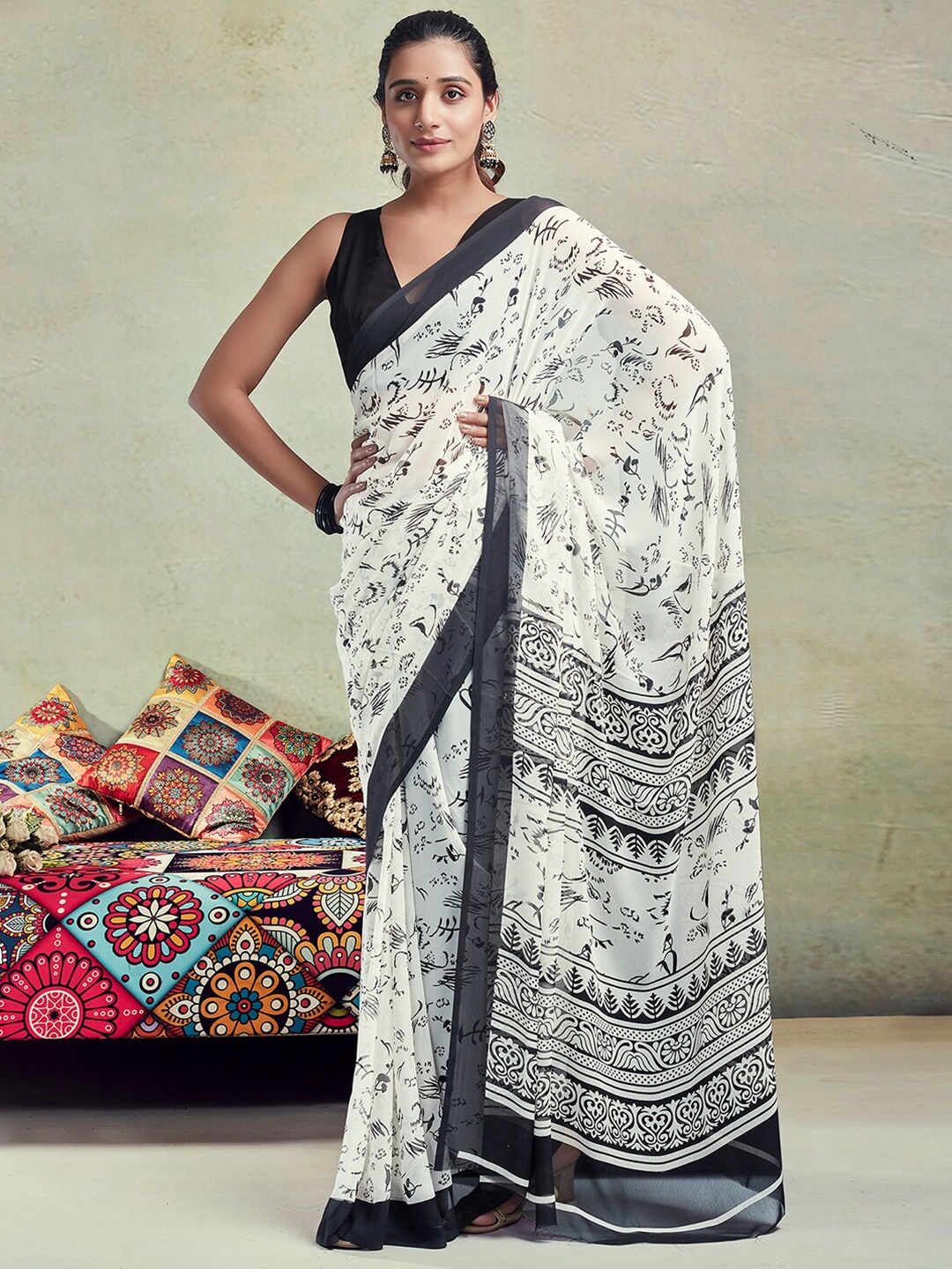 KALINI Floral Printed Arani Saree, White