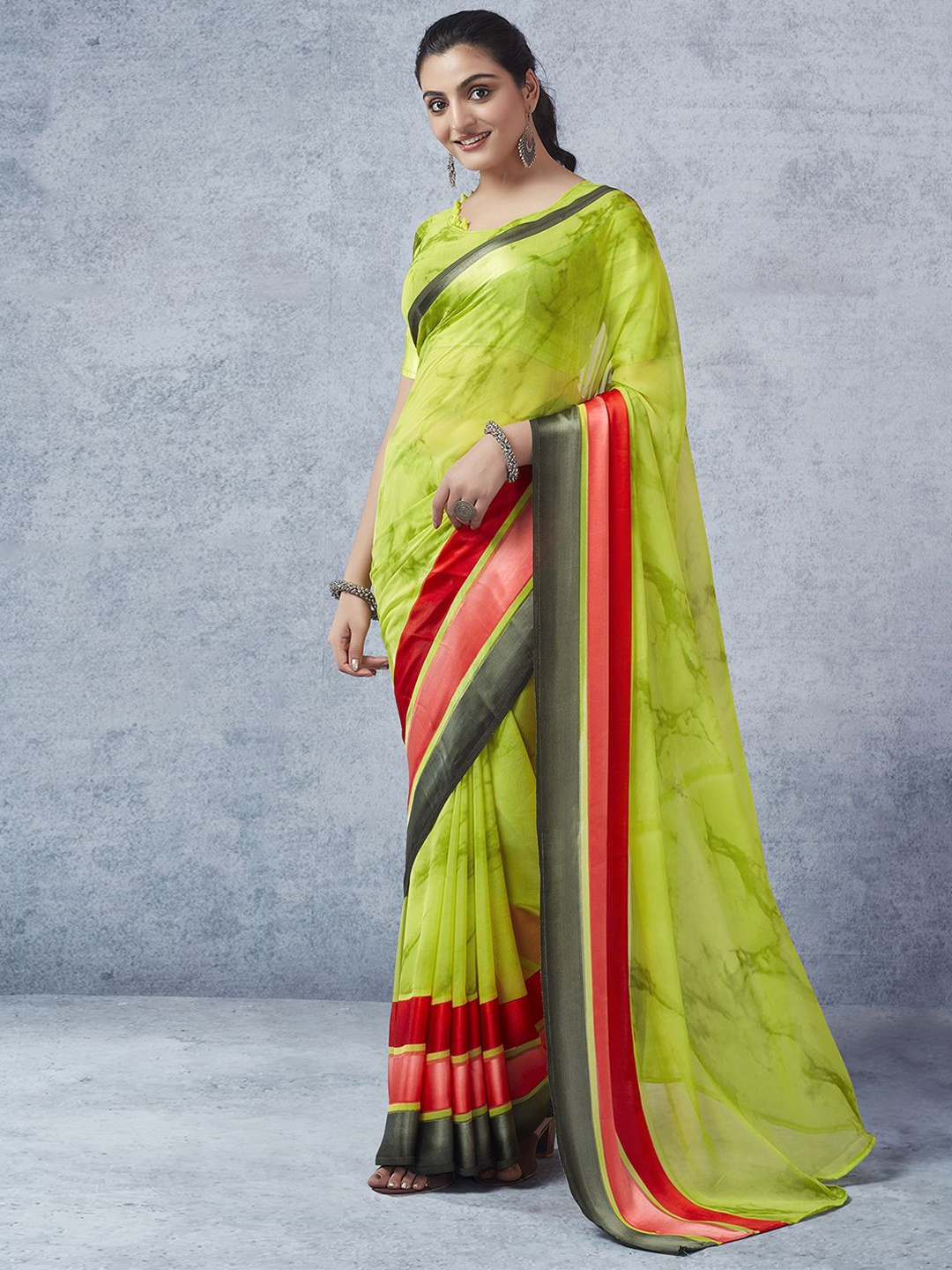 

KALINI Abstract Printed Zari Dabu Saree, Green