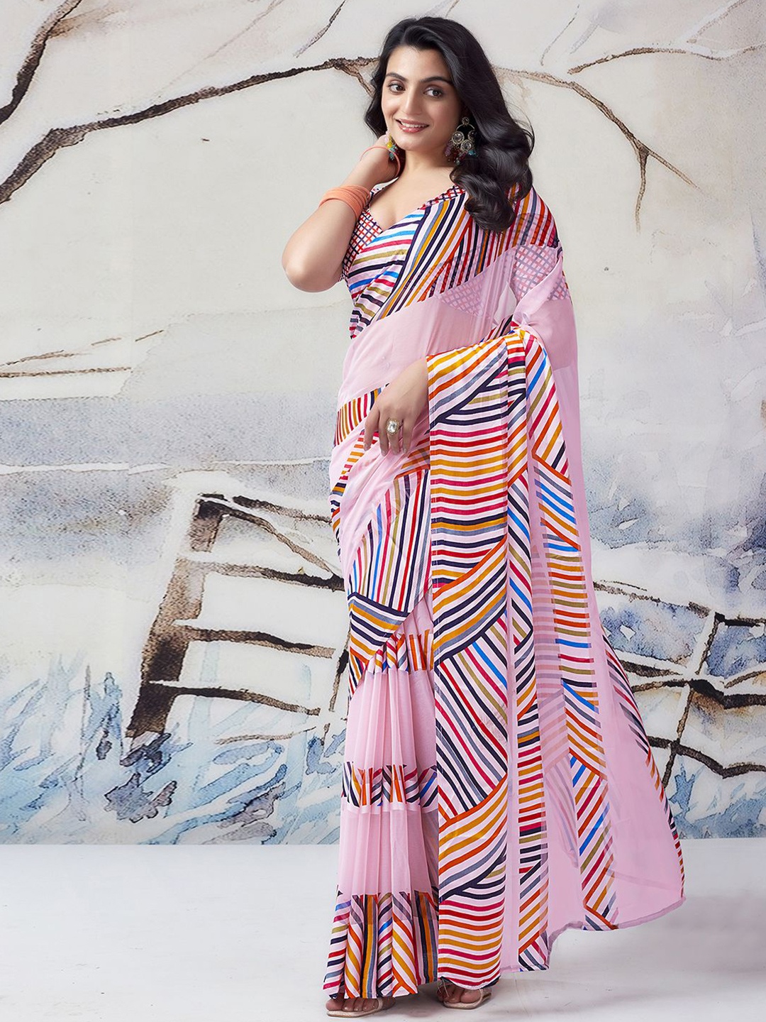 

KALINI Geometric Printed Ikat Saree, Peach