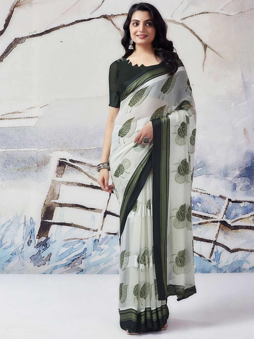 

KALINI Floral Printed Arani Saree, Lime green
