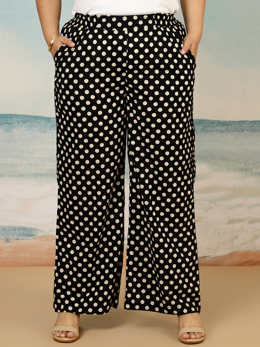 

Amydus Women Plus Size Polka Dot Printed High-Rise Plain Cotton Parallel Trousers Trouser, Black