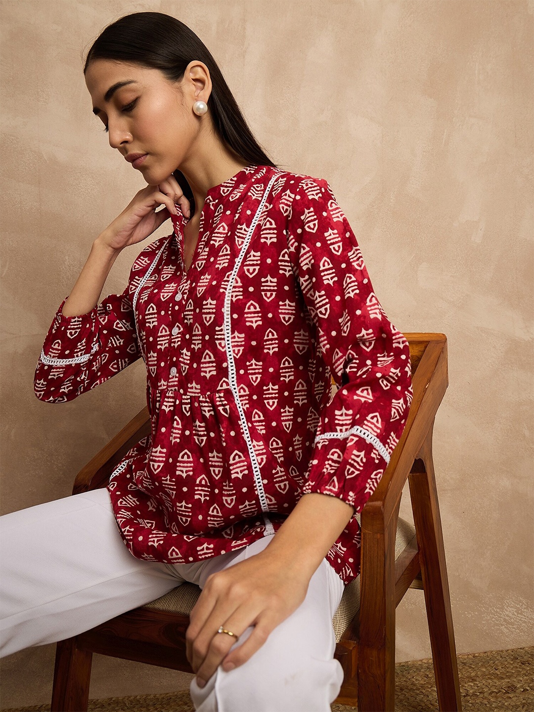 

all about you Ethnic Motifs Printed Mandarin Collar Kurti, Red
