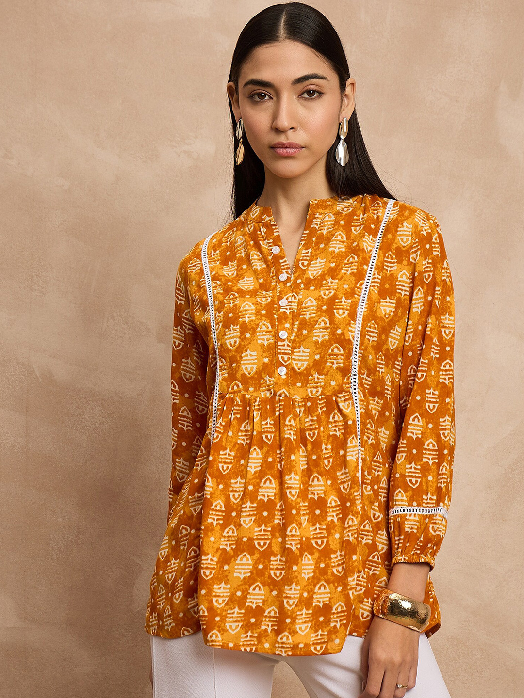 

all about you Ethnic Motifs Printed Mandarin Collar Kurti, Yellow