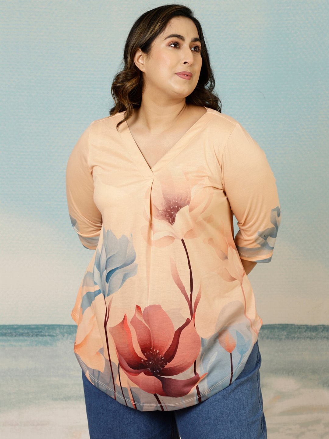 

Amydus Plus Size Floral Printed V-Neck Top, Beige