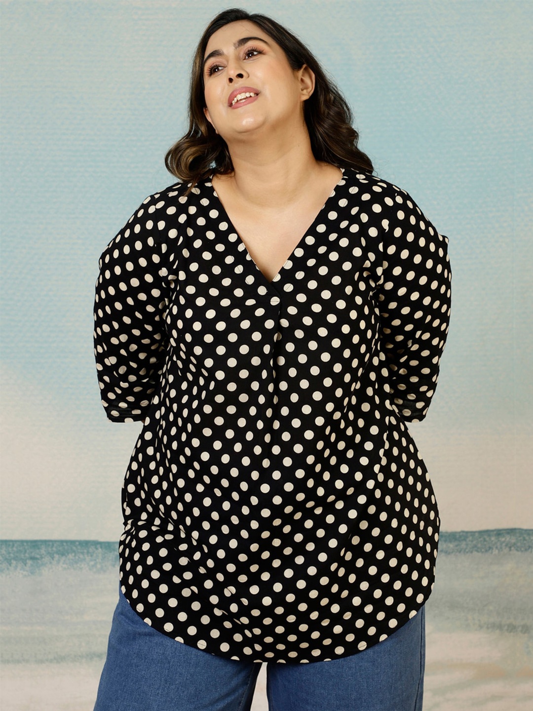 

Amydus Plus Size Polka Dot Printed V-Neck Cotton Top, Black
