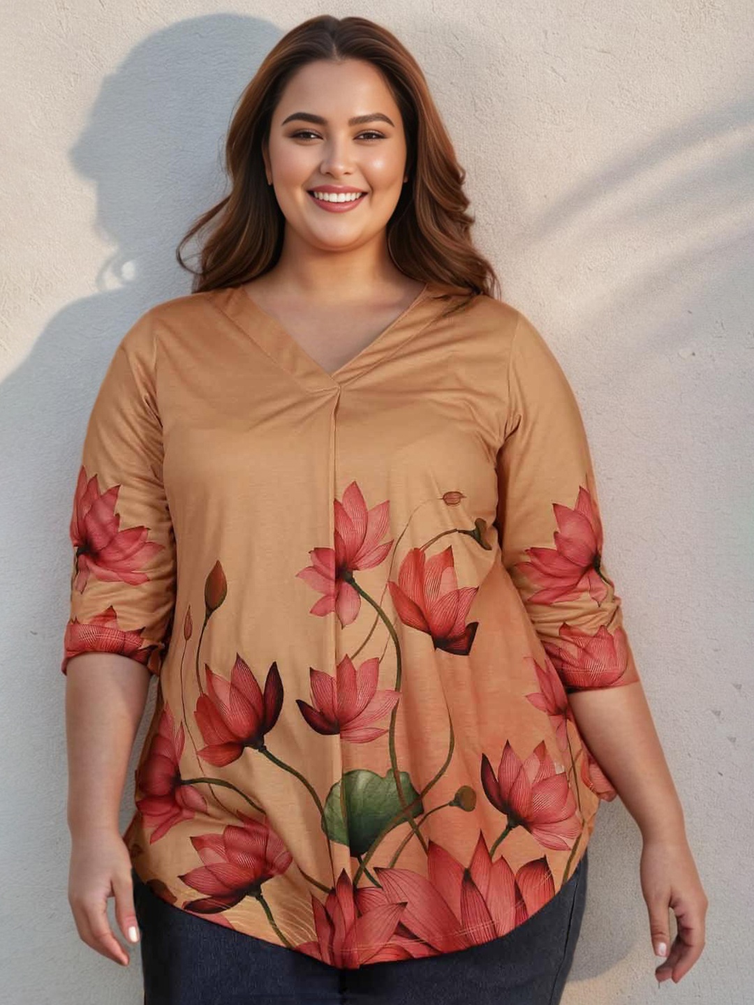 

Amydus Plus Size Floral Printed V-Neck Top, Brown