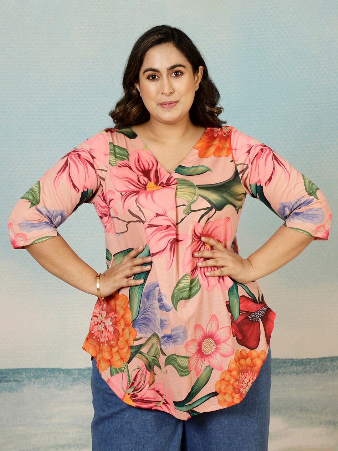 

Amydus Plus Size Floral Printed V-Neck Top, Pink