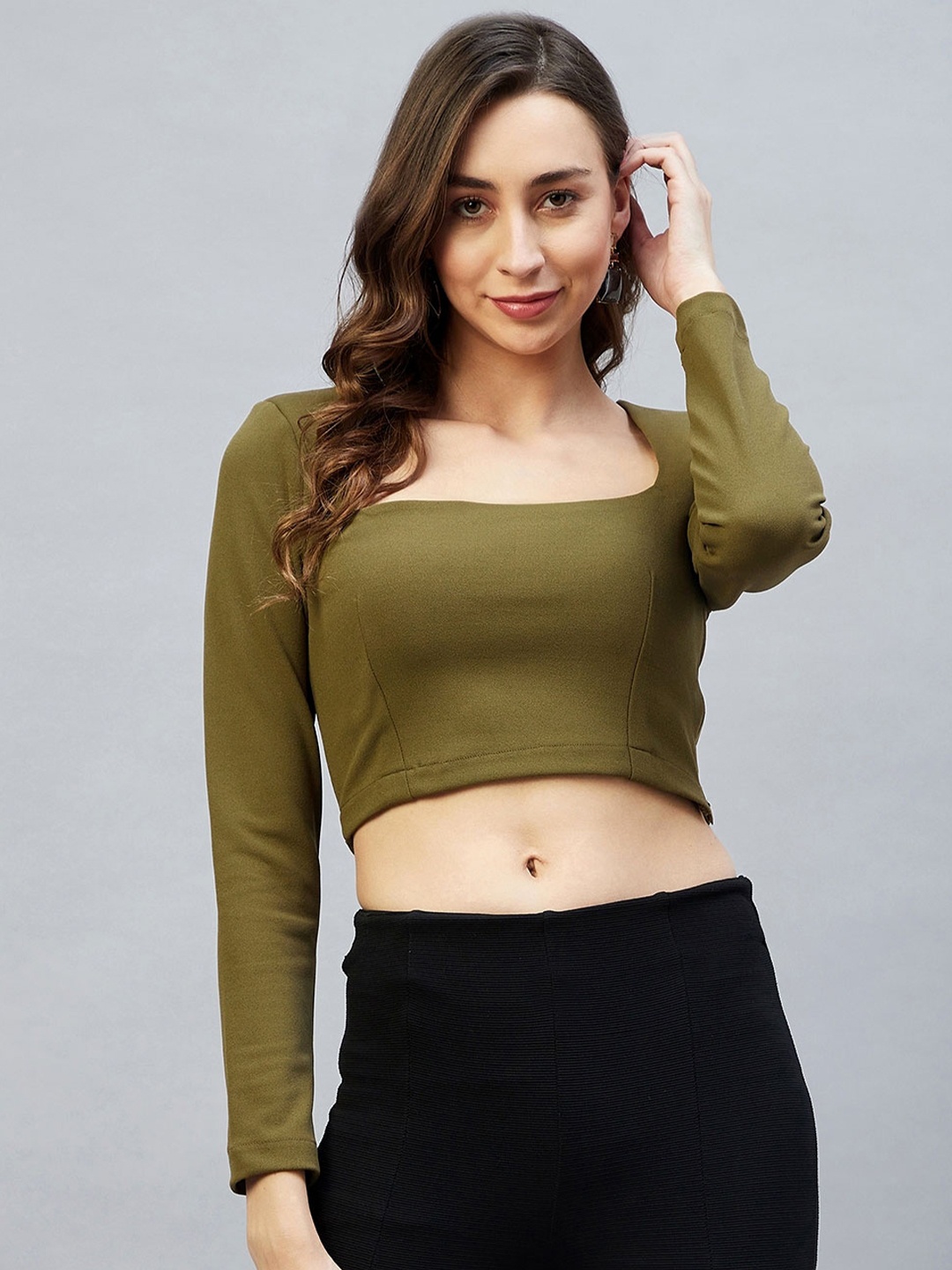 

DELAN Long Sleeves Crop Top, Green