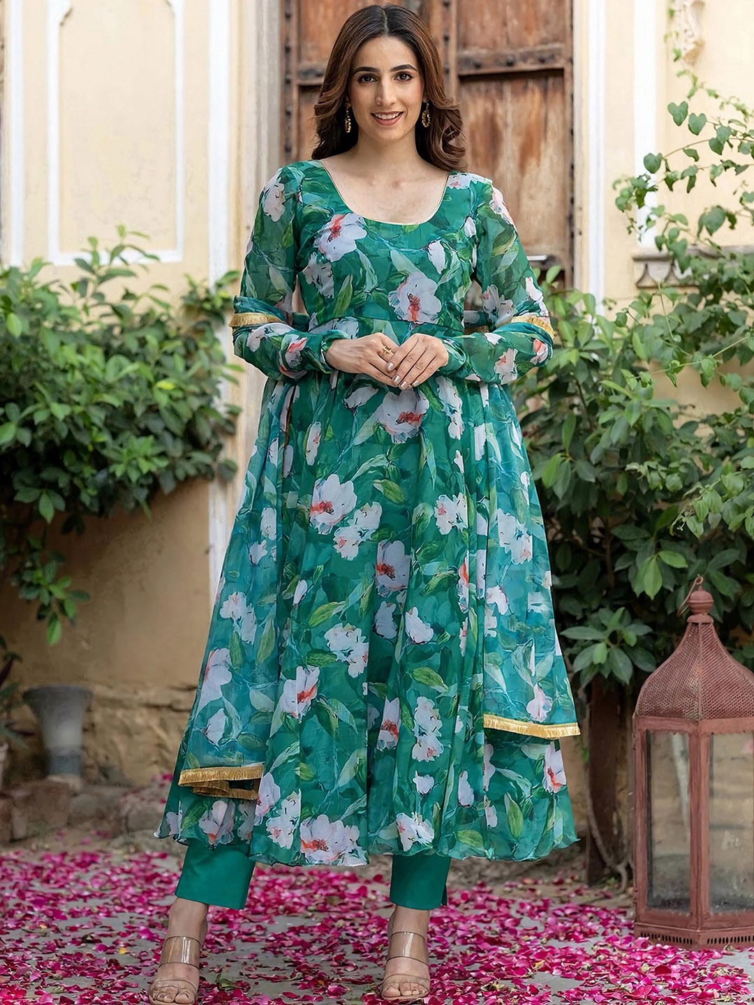 

KALINI Floral Printed Regular Gotta Patti Kurta with Trousers & Dupatta, Green